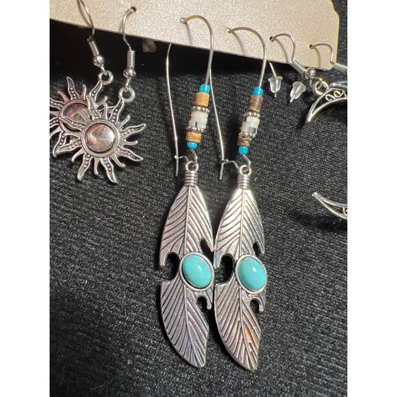 Boho silver turquoise sun moon feather 3 pair of fashion earrings NWT - Picture 5 of 6